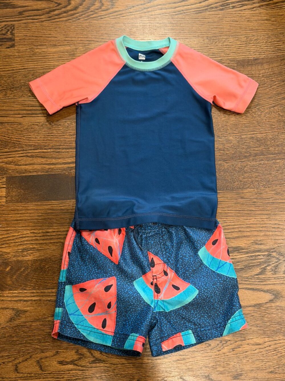 Tea Collection Boys 2-Piece Rash Guard Swim Set Size 4 Watermelon Navy Coral